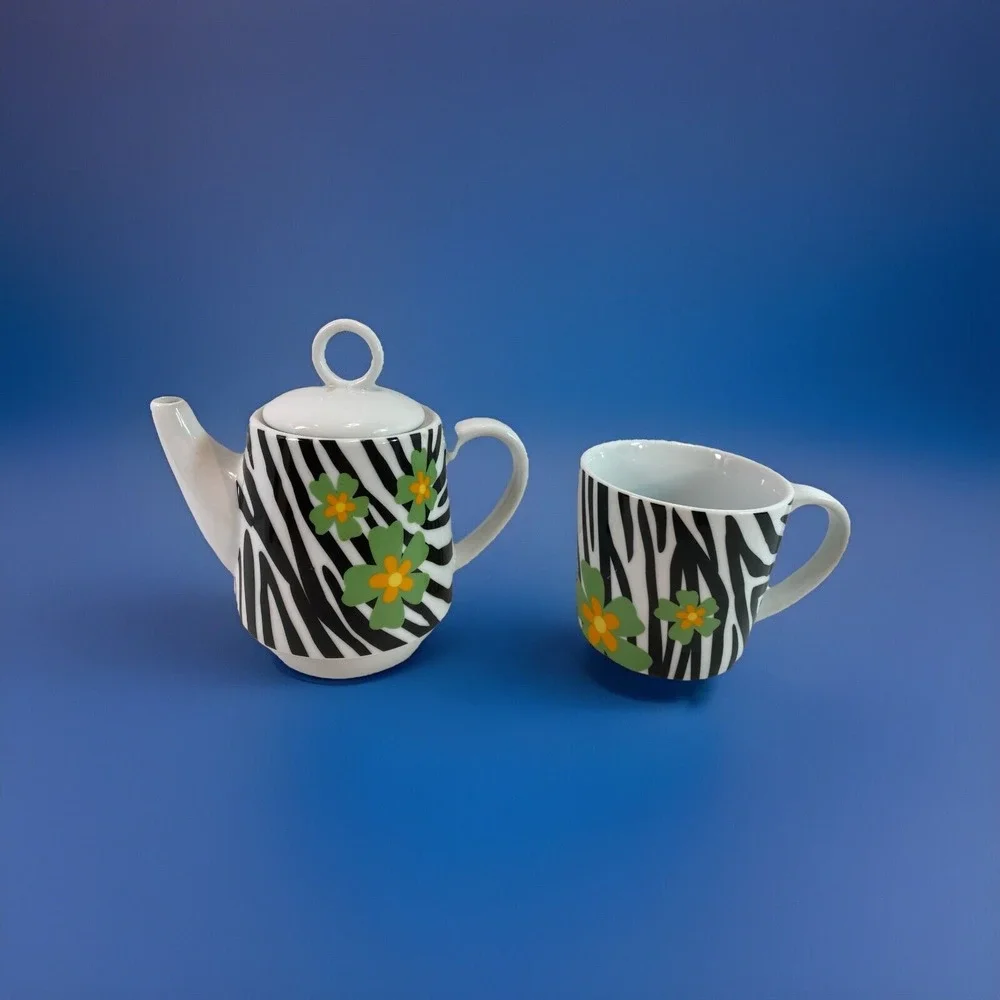 TEA FOR ONE Cute Ceramic Teapot &‎ Cup Zebra Stripe and Flowers